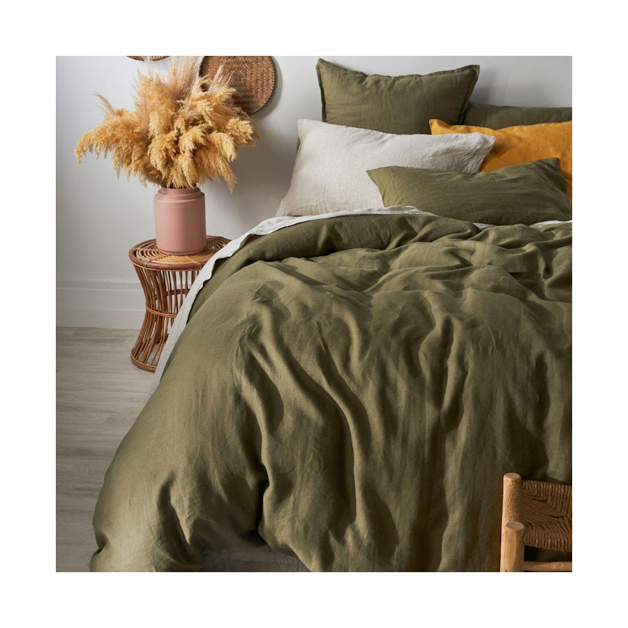 George Street Linen 100% Belgian Linen Duvet Cover Set Queen Olive Olive