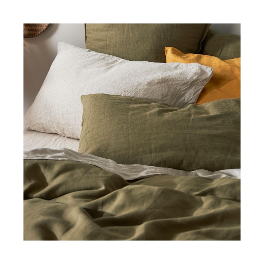 George Street Linen 100% Belgian Linen Duvet Cover Set Queen Olive Olive