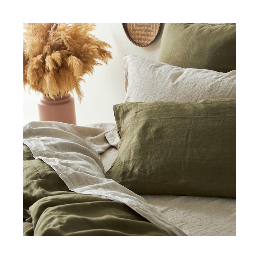 George Street Linen 100% Belgian Linen Duvet Cover Set Queen Olive Olive