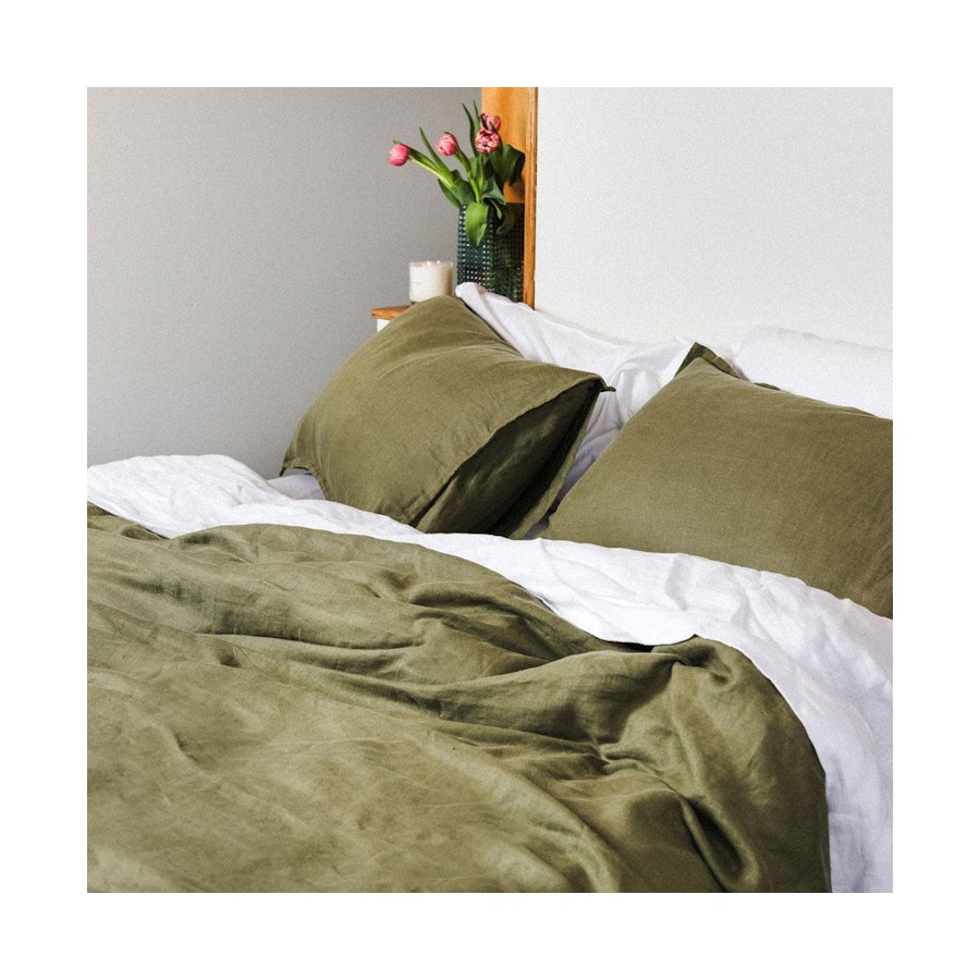George Street Linen 100% Belgian Linen Duvet Cover Set Queen Olive Olive