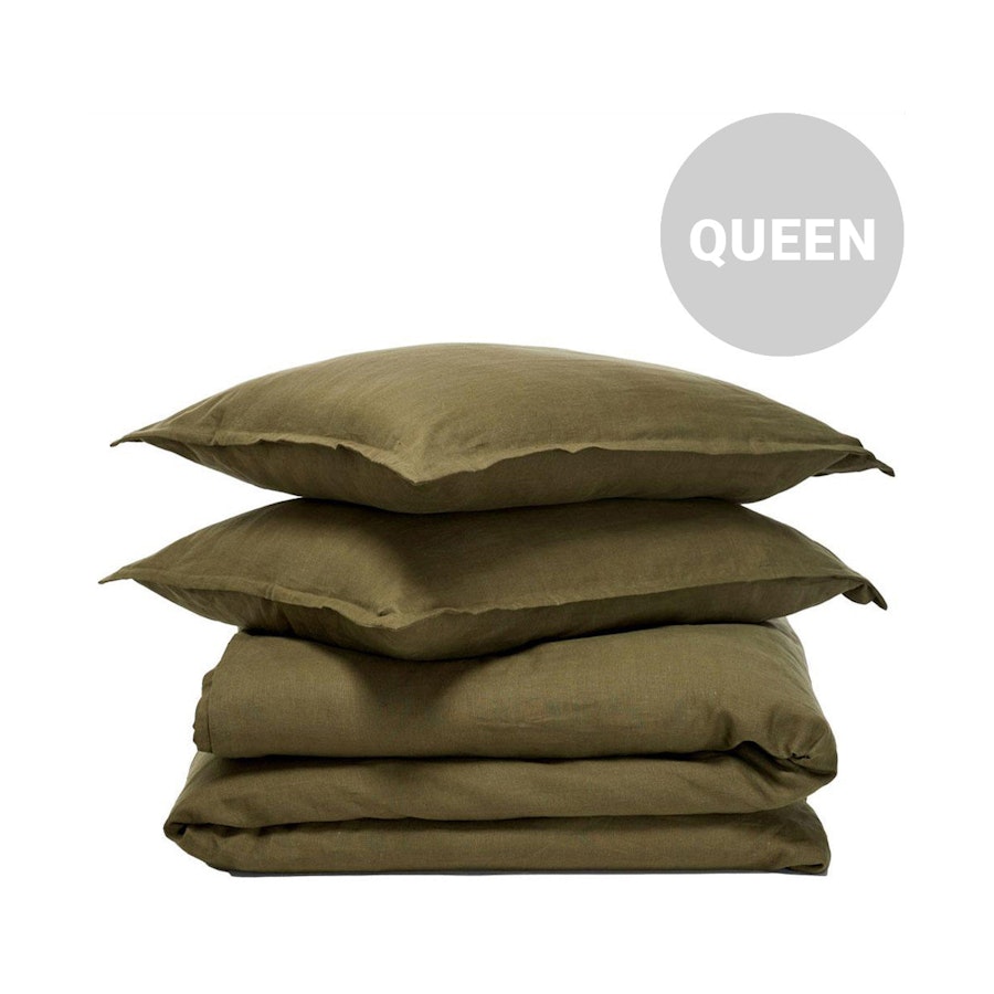 George Street Linen 100% Belgian Linen Duvet Cover Set Queen Olive Olive
