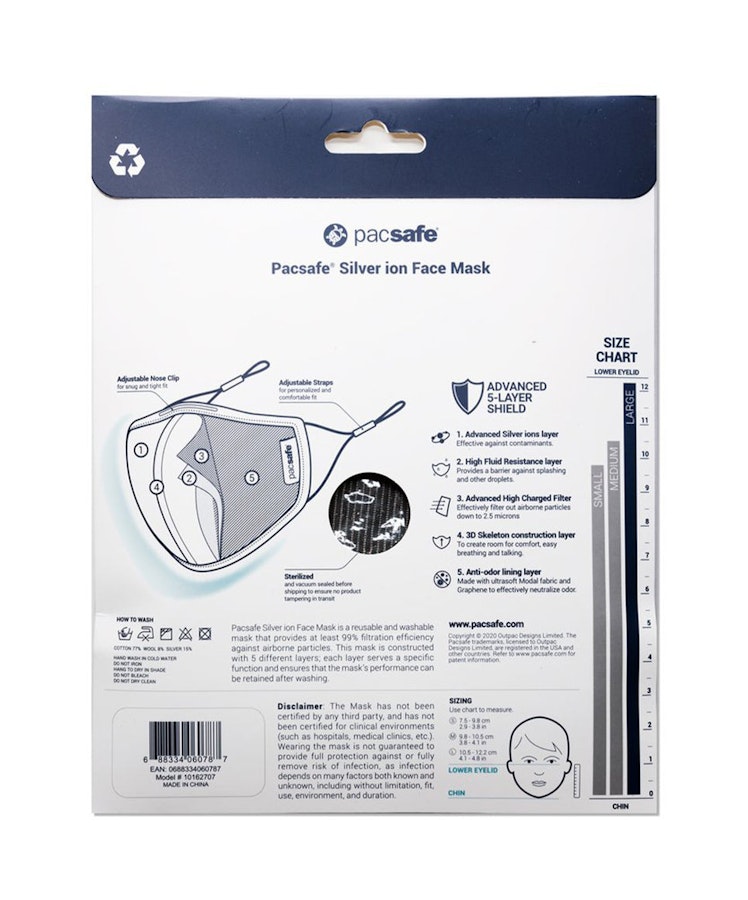 Pacsafe Protective & Reusable Silver Ion Face Mask Grey Default Title