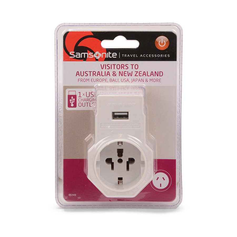 Samsonite USA & Europe to NZ & AUS Power Adapter with USB White White