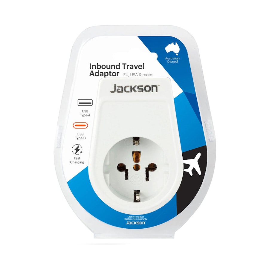 Jackson Slim USA & EU to NZ Travel Adapter with USB-A & C White White
