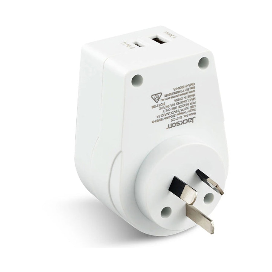 Jackson Slim USA & EU to NZ Travel Adapter with USB-A & C White White