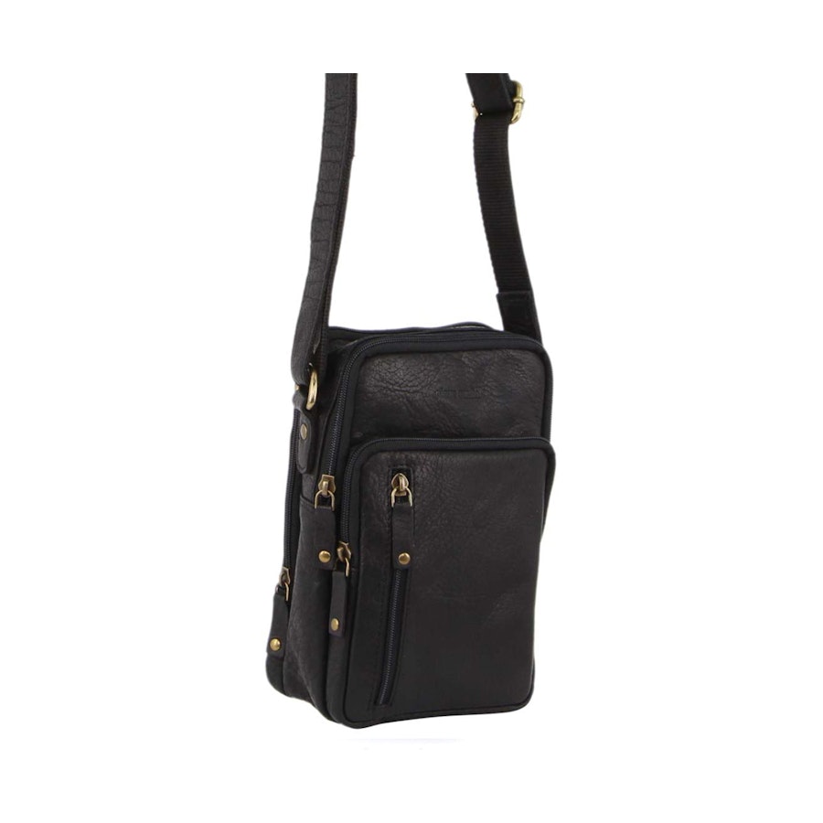 Pierre Cardin Percy Rustic Leather Crossbody iPad Bag Black Black