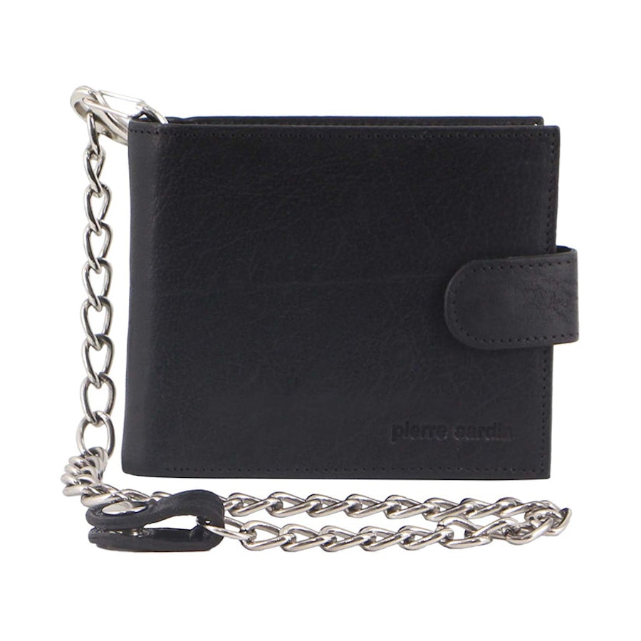 Pierre Cardin Ozzy Men's Rustic Leather Metal Chain Wallet Black Black