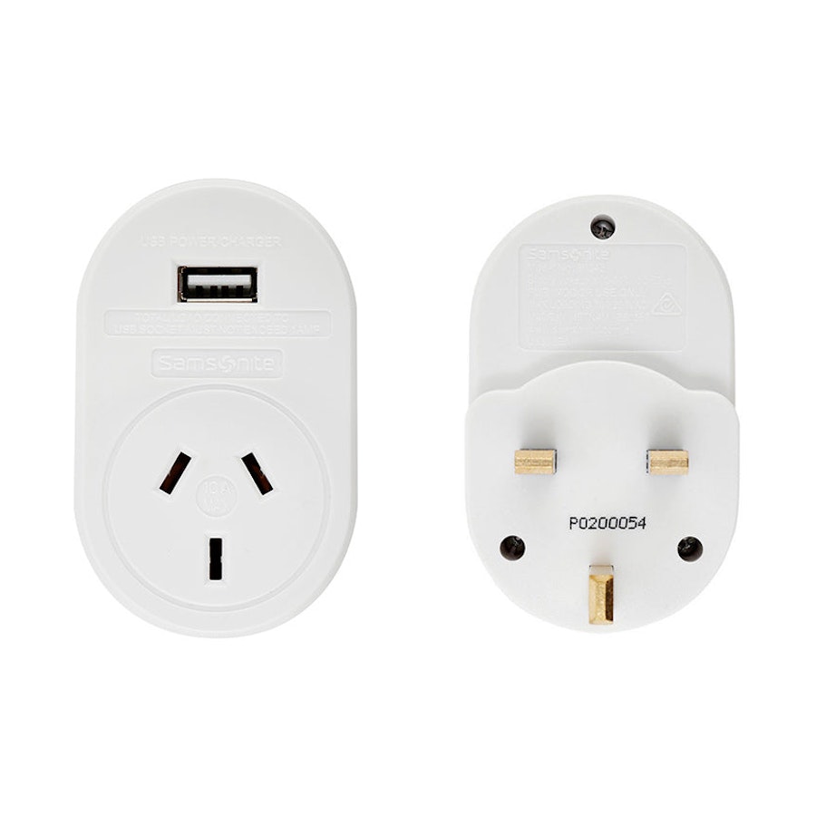 Samsonite NZ & AUS to UK & Hong Kong Power Adapter with USB White White